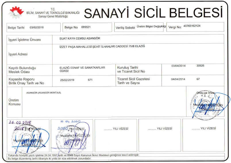 SANAYİ SİCİL BELGESİ